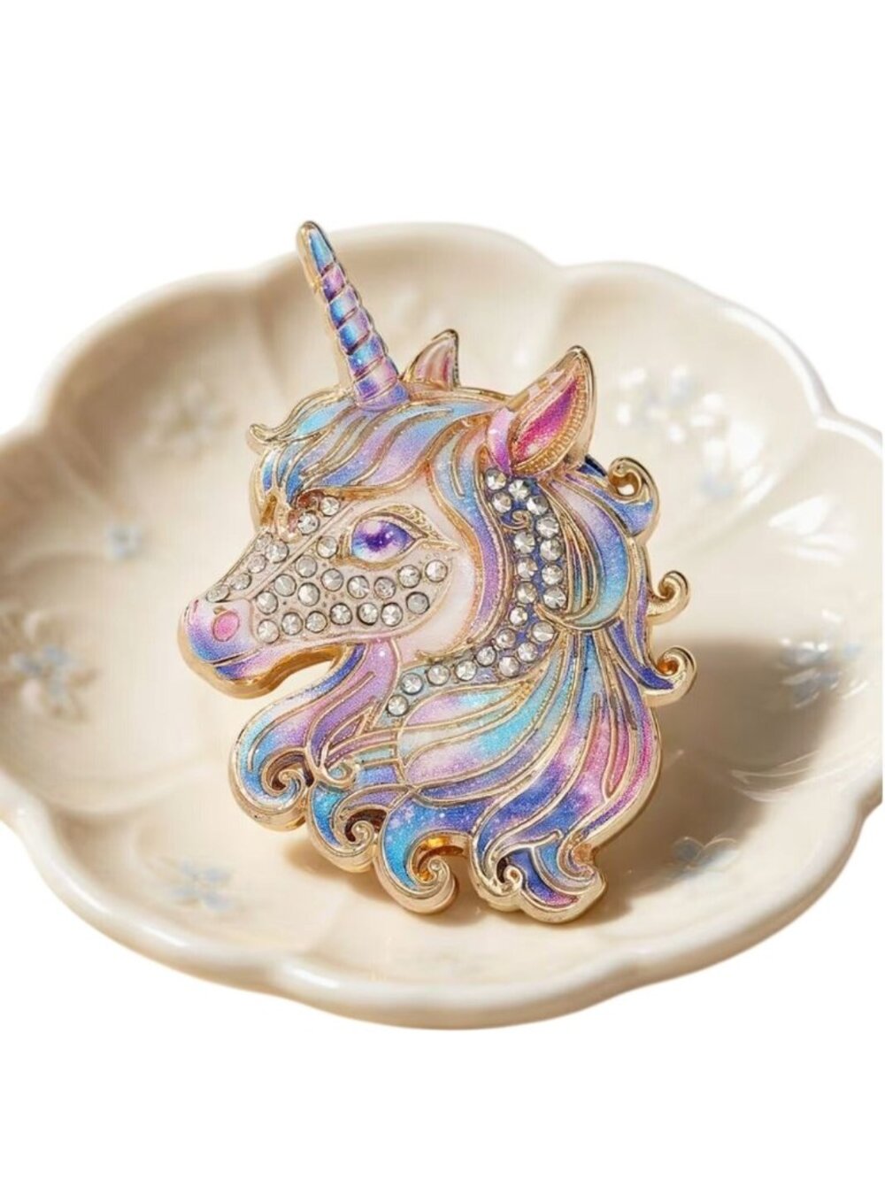Unicorn Rhinestone Brooch Rainbow Hair Enamel Gold Tone